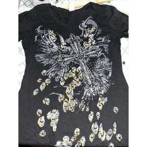 VTG Ritual V-Neck T-Shirt Woman's Size XL Wings Cheetah Sparkle Accents Black